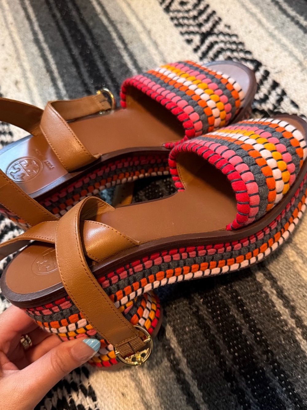 Tory Burch Brown Multicolor Woven Platform Sandals